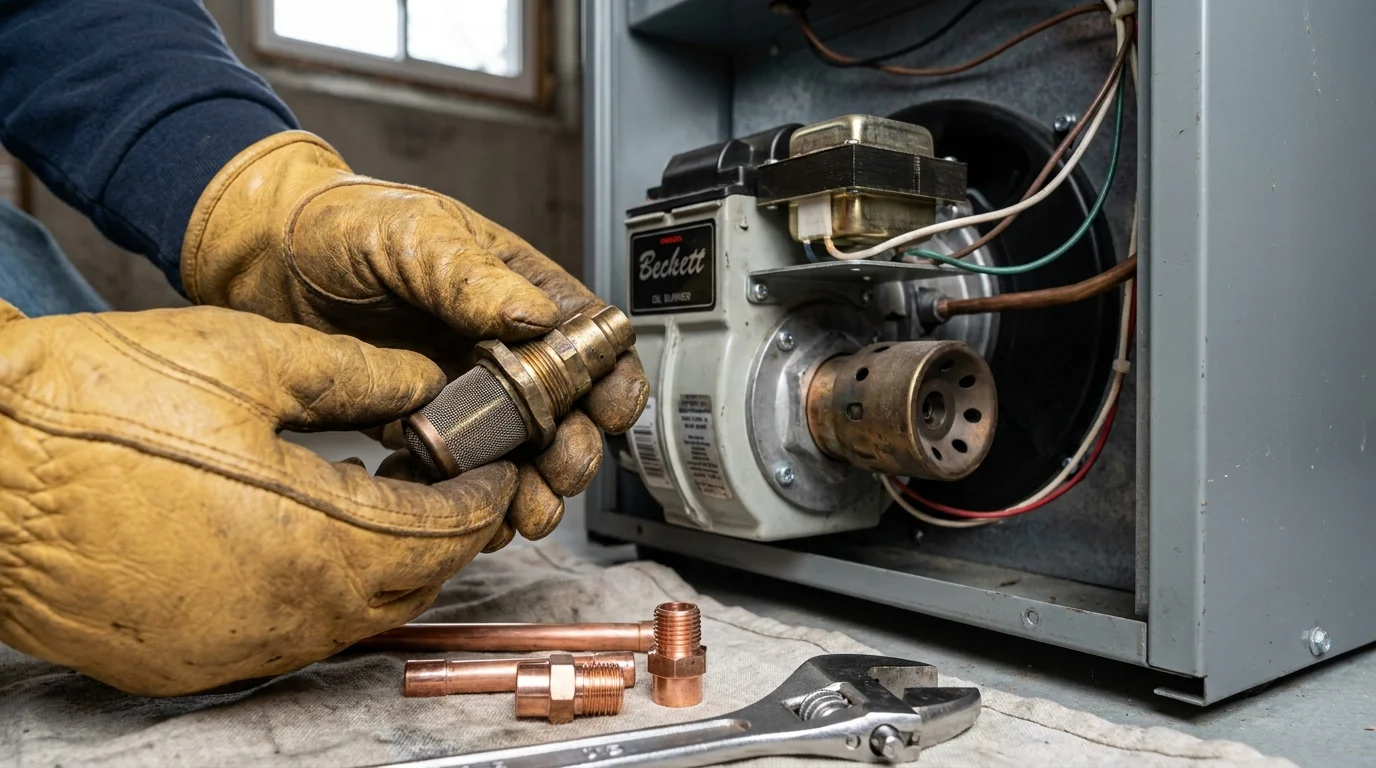 HVAC technician servicing fuel oil burner assembly, replacing atomizing nozzle and inline spin-on oil filter
