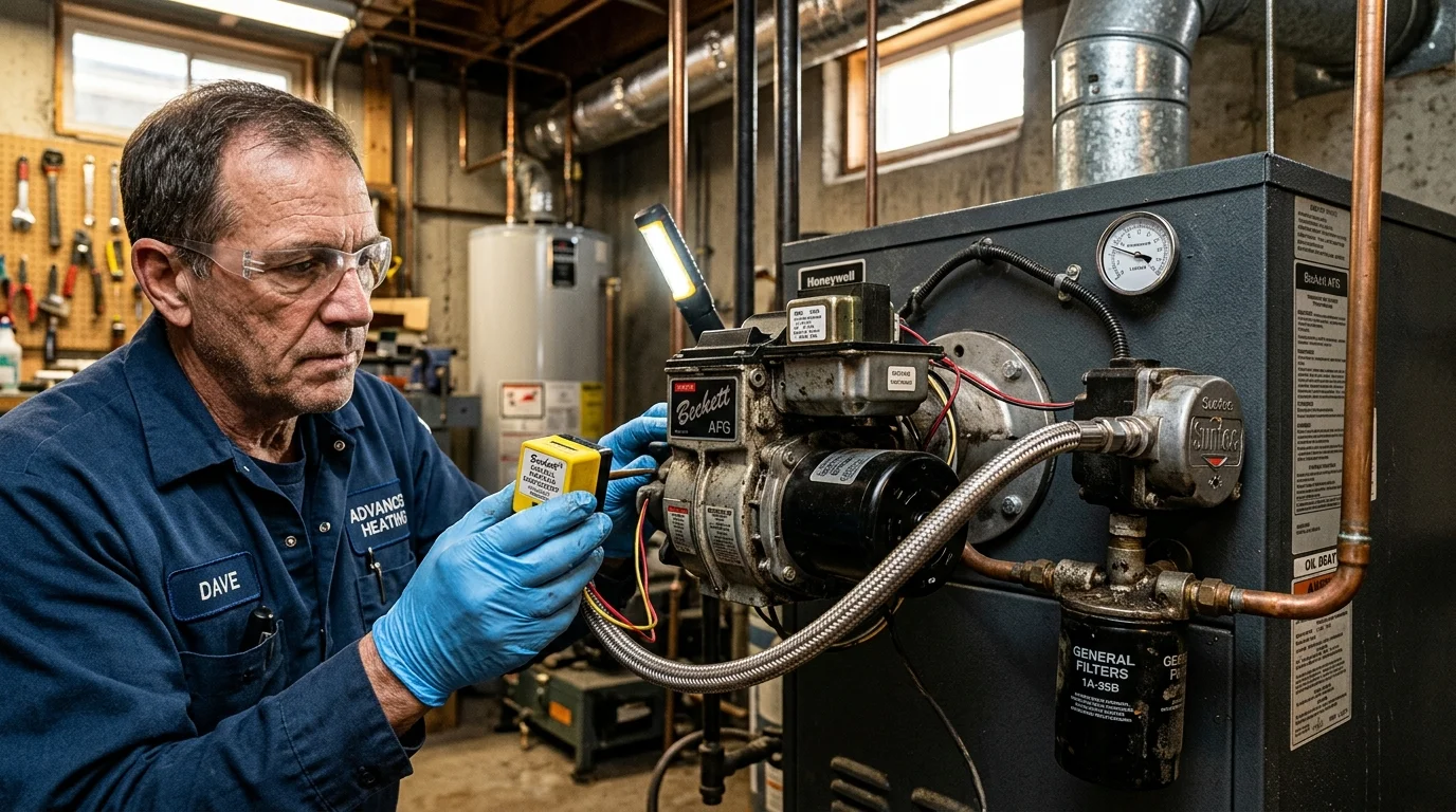 Technician inspecting cad cell flame detector eye on oil burner assembly