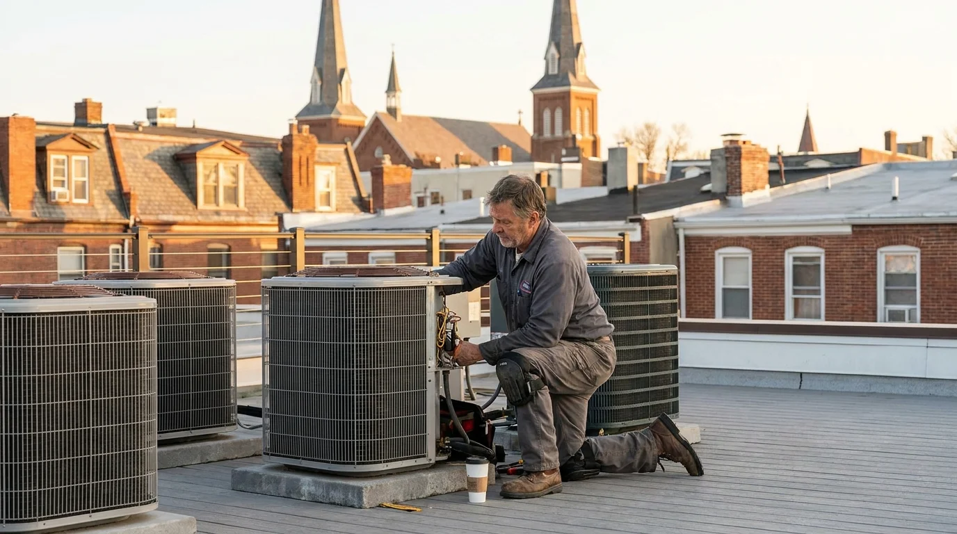 Commercial HVAC technician servicing dual scroll compressors and economizer hood on commercial rooftop unit