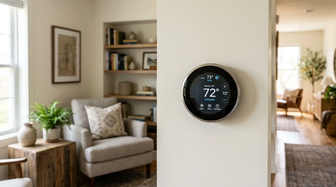 Digital smart programmable thermostat mounted on home interior wall displaying 72 degrees eco temperature
