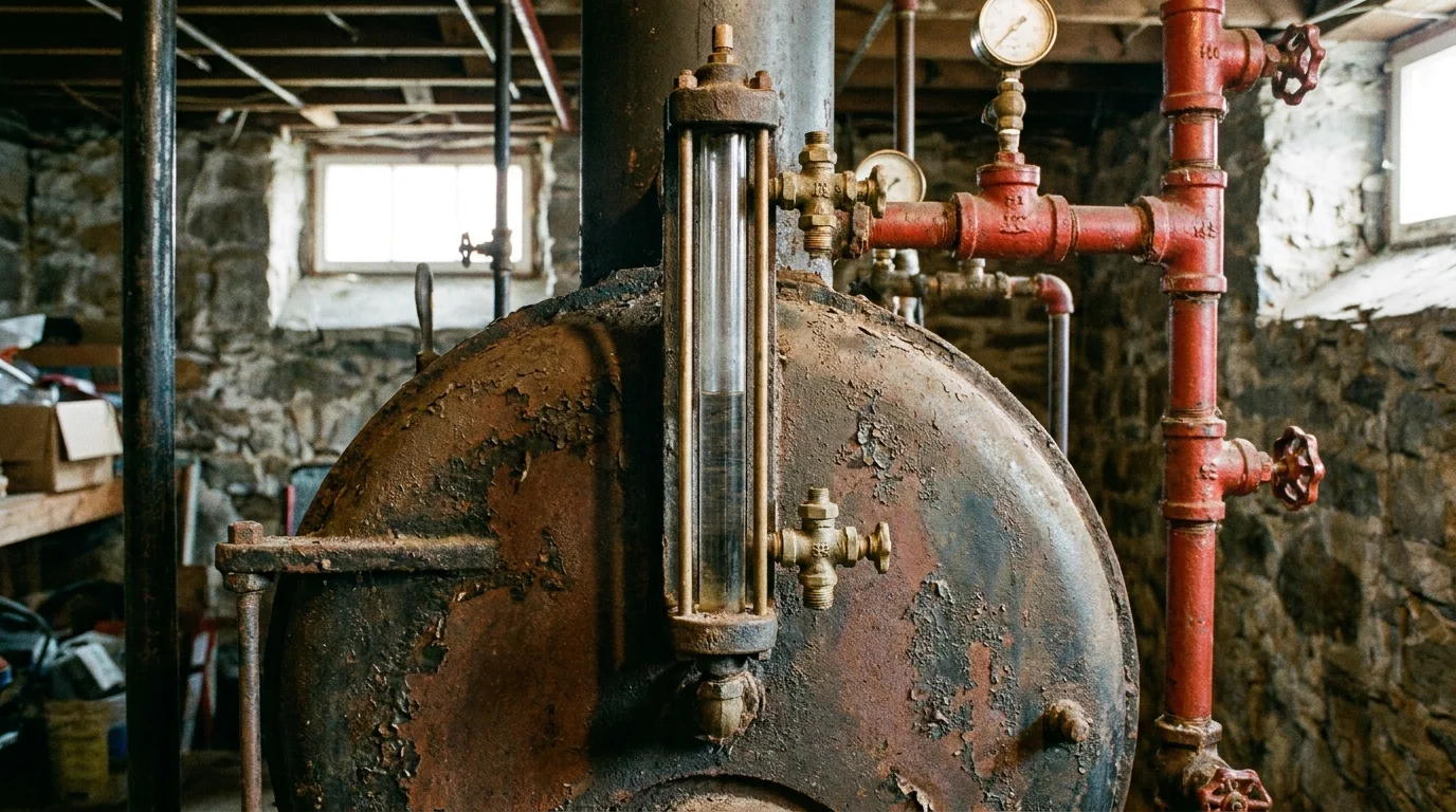Close-up of glass sight gauge column and low water cutoff valve on residential steam boiler in historic Wilmington home