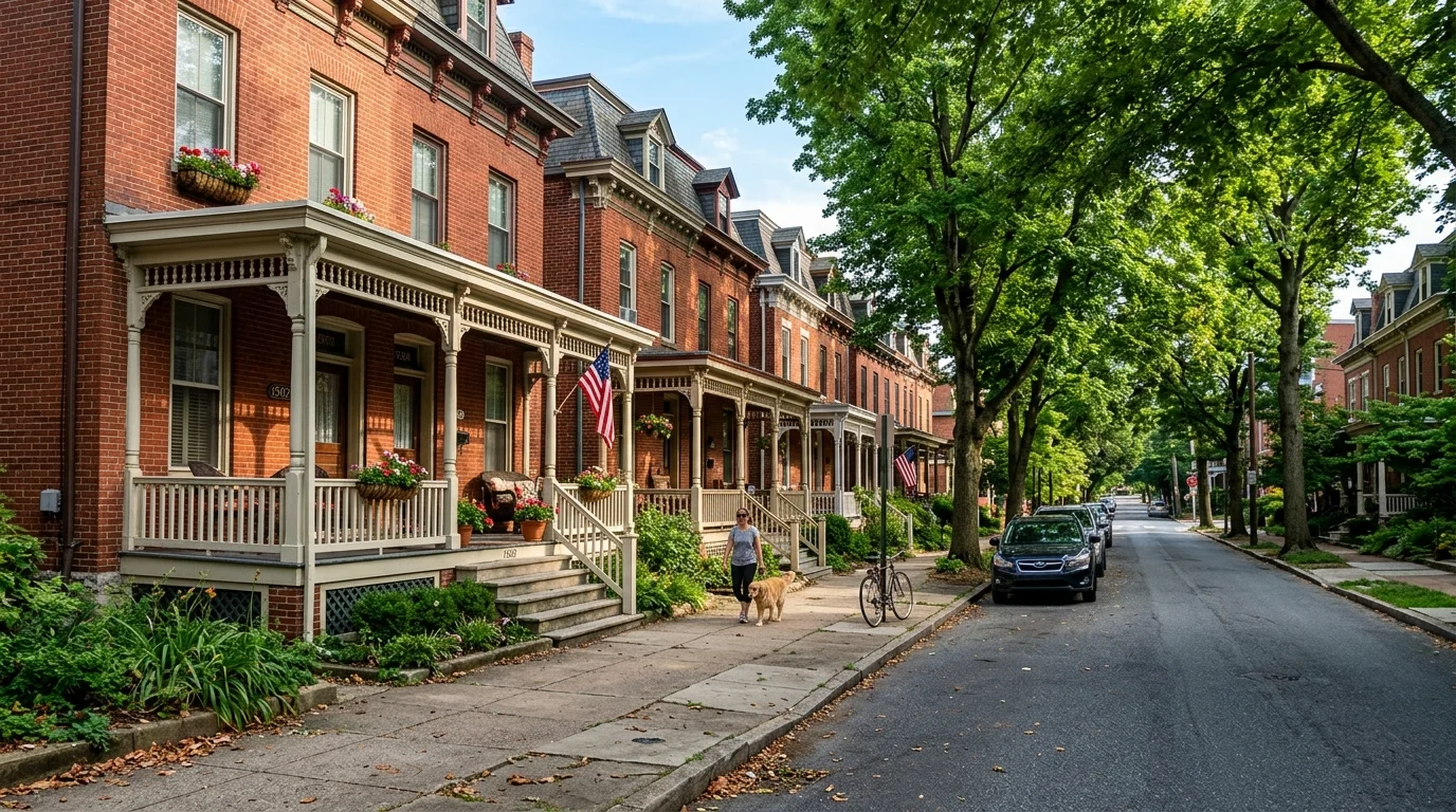 Historic red brick Victorian rowhouses with front porches in Trolley Square, Wilmington