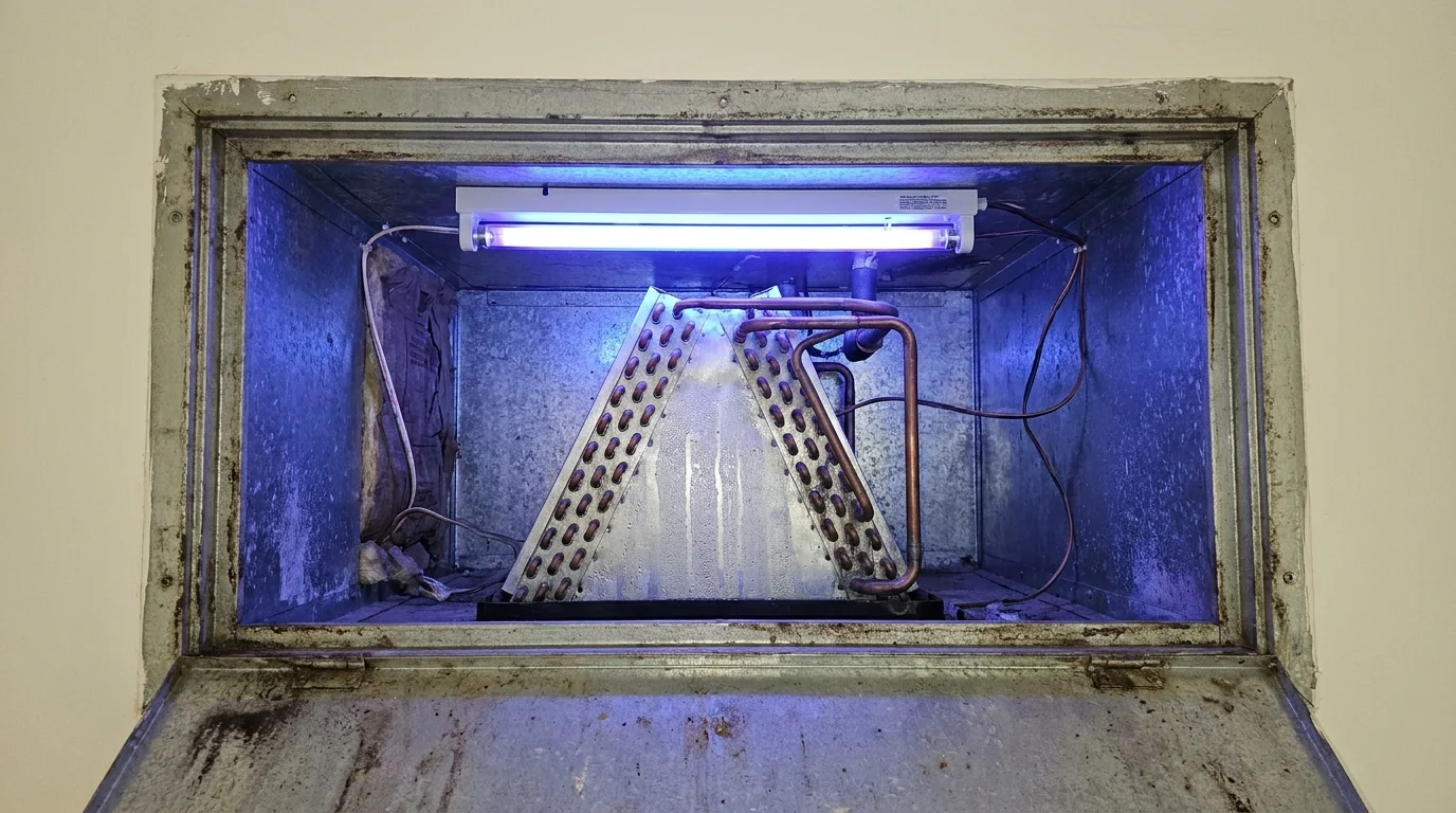 In-duct ultraviolet germicidal UV-C irradiation lamp glowing above evaporator coil in residential supply plenum
