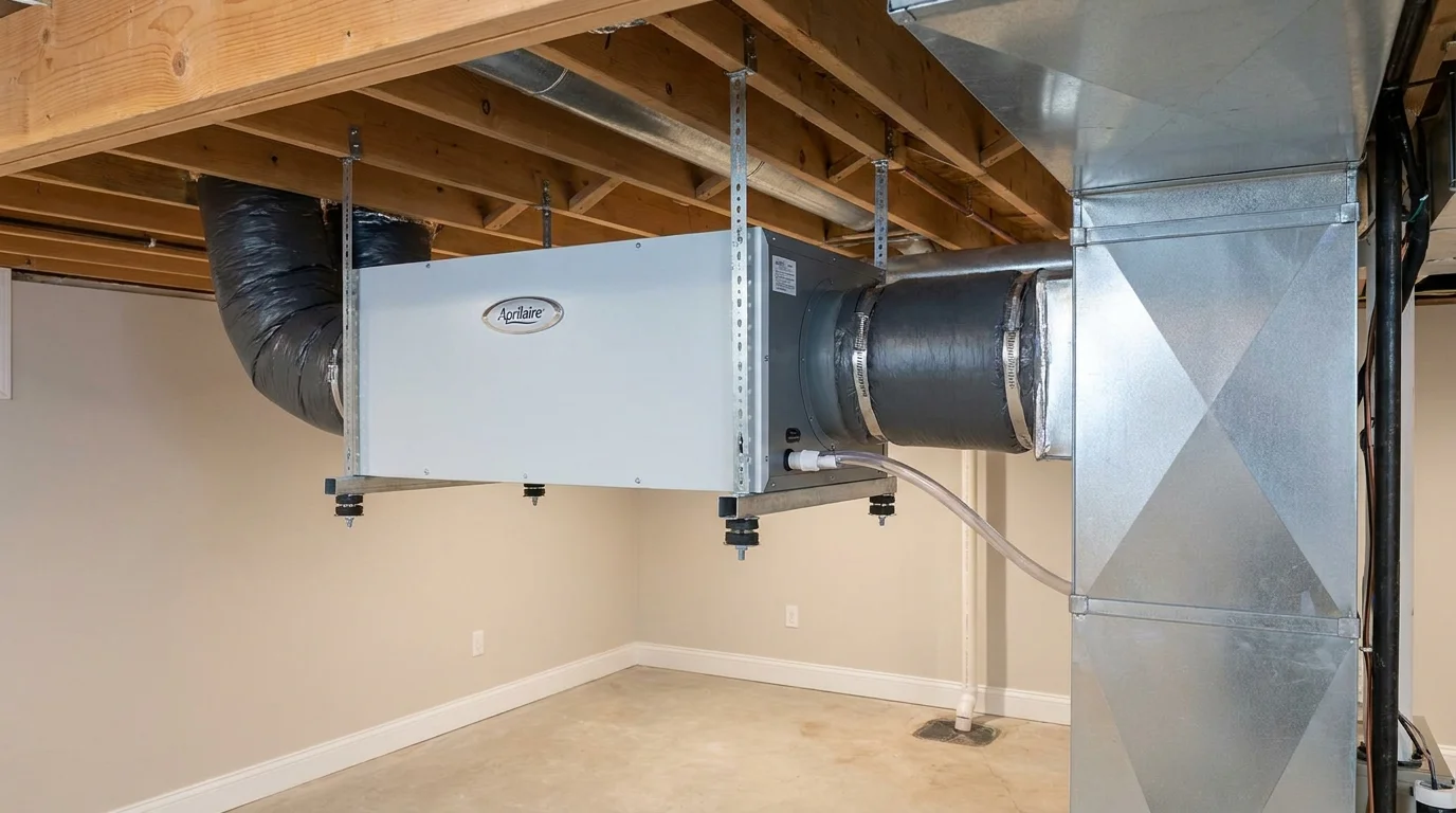 Dedicated high-capacity whole-home dehumidifier suspended from floor joists in basement ducted to HVAC supply