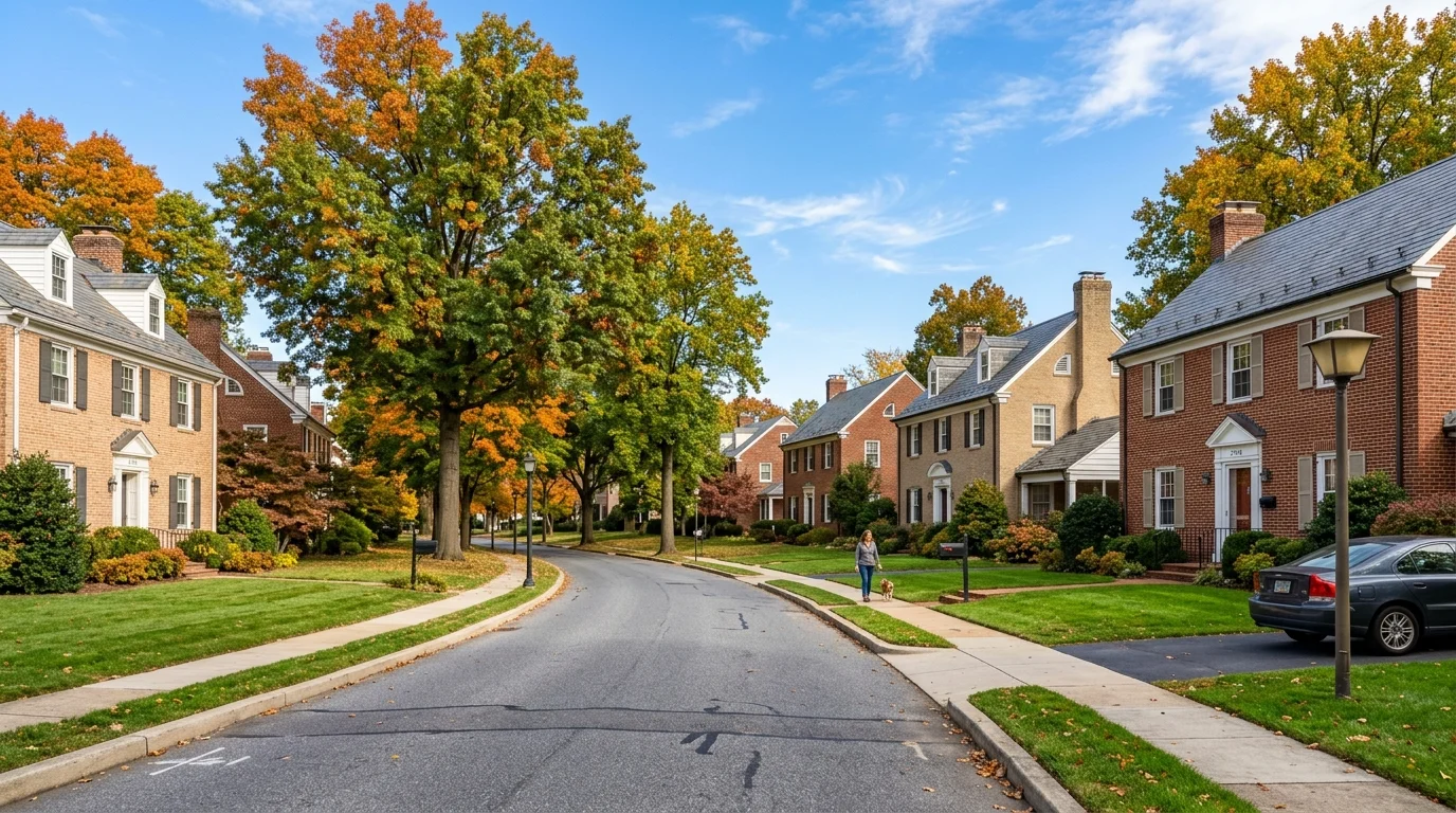 Scenic tree-lined residential street with brick homes in Wilmington, Delaware